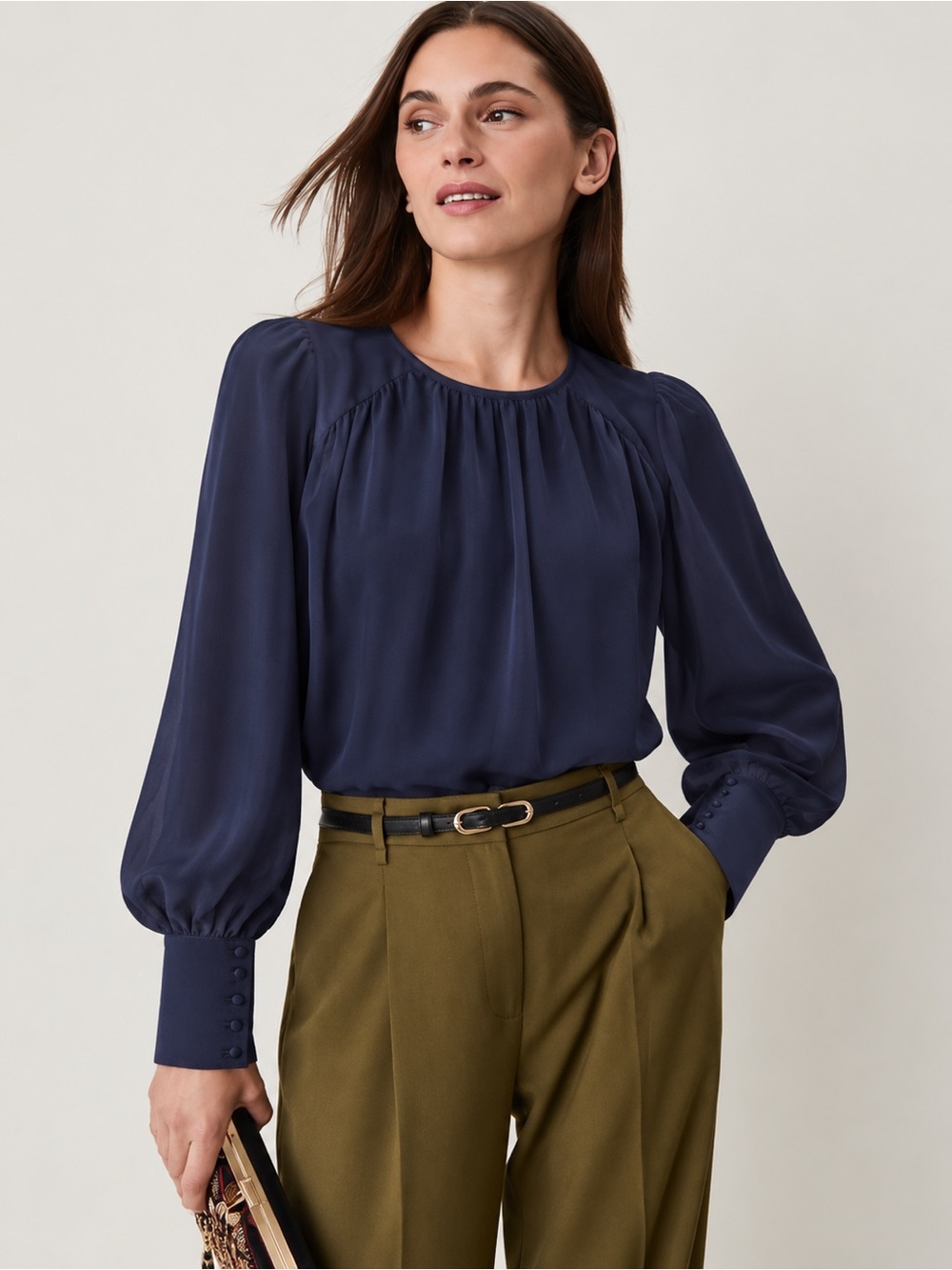 Ann Taylor Midnight Navy Blue Pleated Blouse Bishop Sleeve Button Cuff